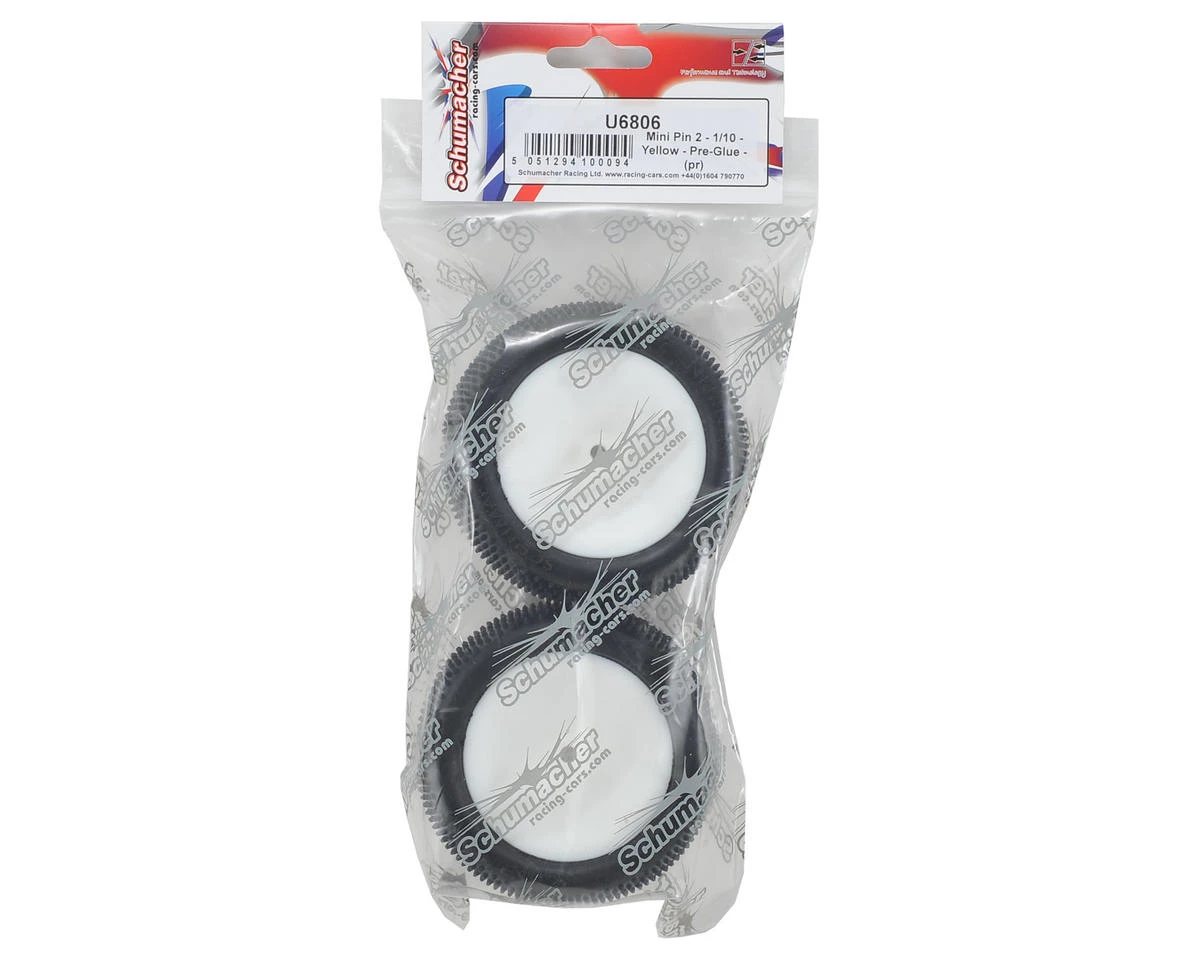 Schumacher "Mini Pin 2" 2.2" Rear Buggy Pre-Mounted Carpet Tires (Yellow) (White) (2) w/12mm Hex 5 Schumacher "Mini Pin 2" 2.2" Rear Buggy Pre-Mounted Carpet Tires (Yellow) (White) (2) w/12mm Hex - Image 3